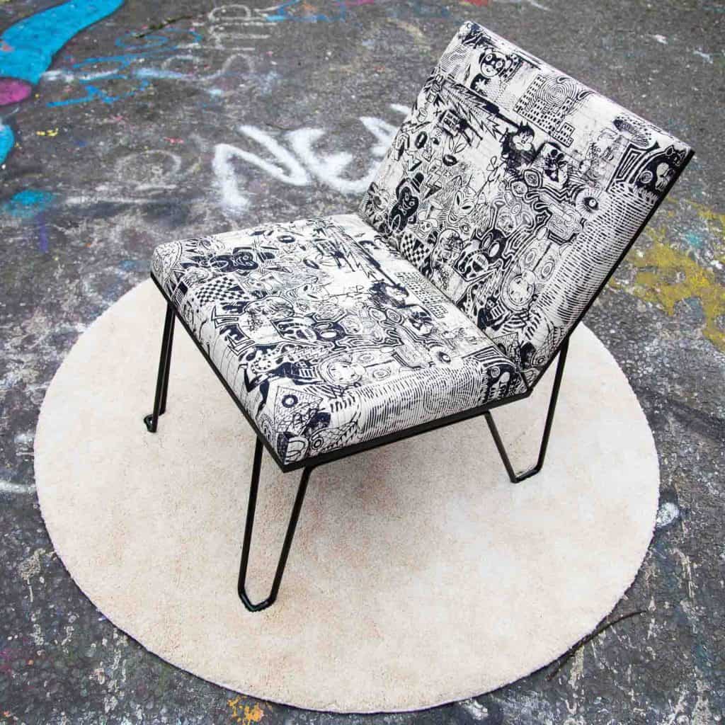 Award-winning designer chair with black and white doodle print, photographed by Twiggles UK