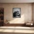 BEEP! by London artist Twiggles displayed as a framed black and white photograph on a warm neutral wall in a modern interior.