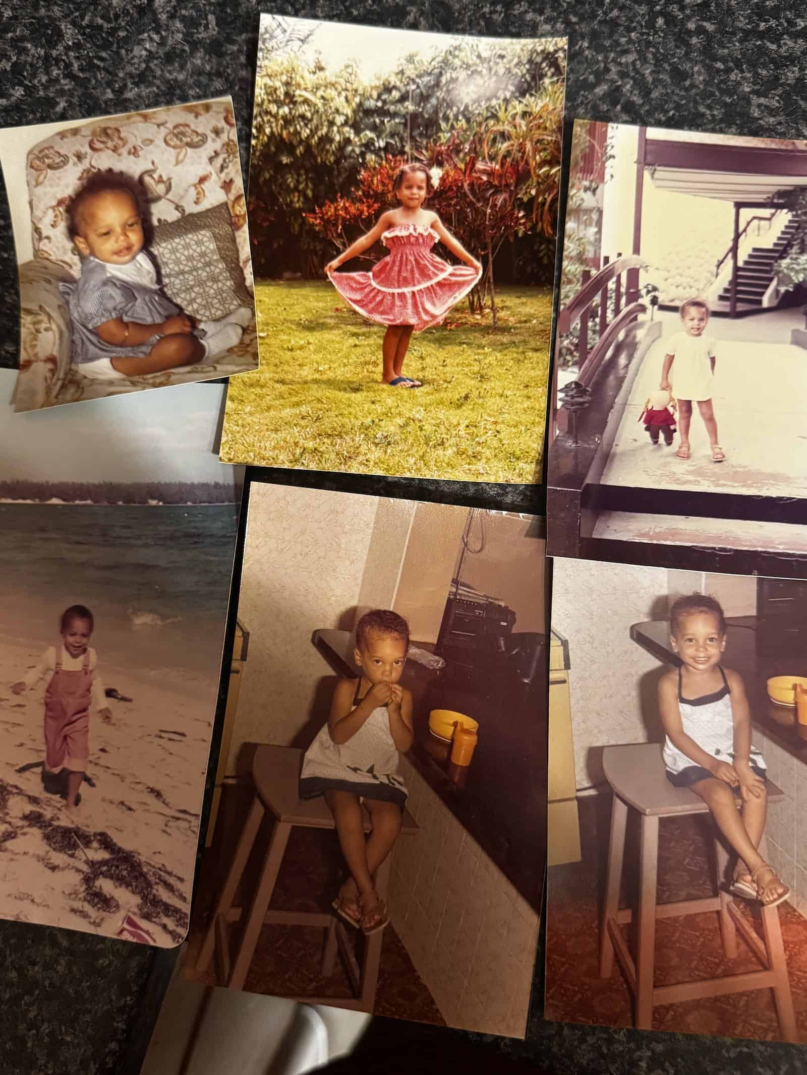 Collage of childhood photographs showing a young girl in a pink dress, playing outside and sitting on a chair
