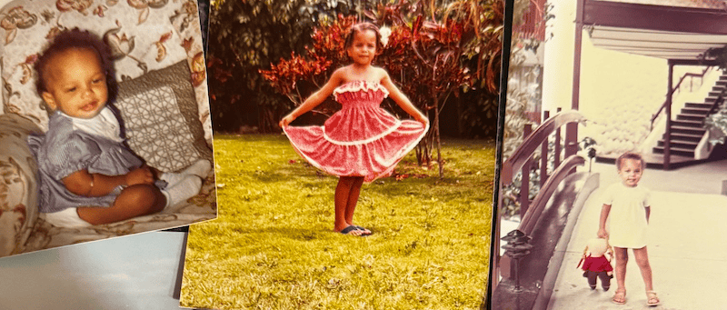 Three childhood photographs showing Twiggles as a little girl in a red dress in the garden, and a young child outdoors, illustrating the memories preserved in family photographs.